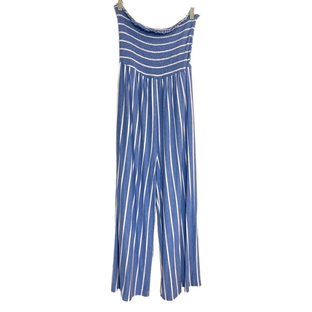 The Nines smock top strapless blue and white striped lightweight jumpsuit